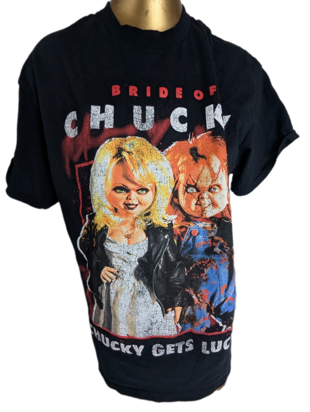 Bride Of Chucky Chucky Gets Lucky Black Tee With Couple Graphic On Front Large